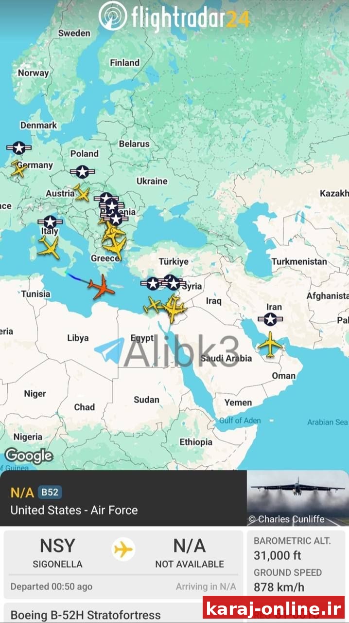بمب‌افکن استراتژیک آمریکایی «بی-۵۲» امروز بعدازظهر از ایتالیا به سمت خاورمیانه پرواز کرد/ لحظه‌ای‌نیوز