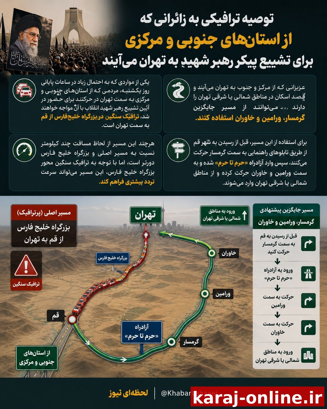 ‼توصیه ترافیکی به زائرانی که از استان‌های جنوبی و مرکزی برای تشییع پیکر رهبر شهید به تهران می‌آیند