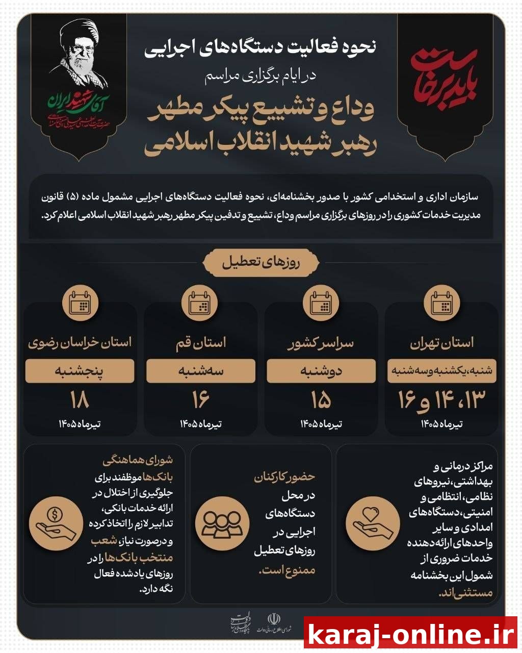 نحوه فعالیت دستگاه‌های اجرایی در ایام برگزاری مراسم وداع و تشییع پیکر مطهر رهبر شهید انقلاب اسلامی