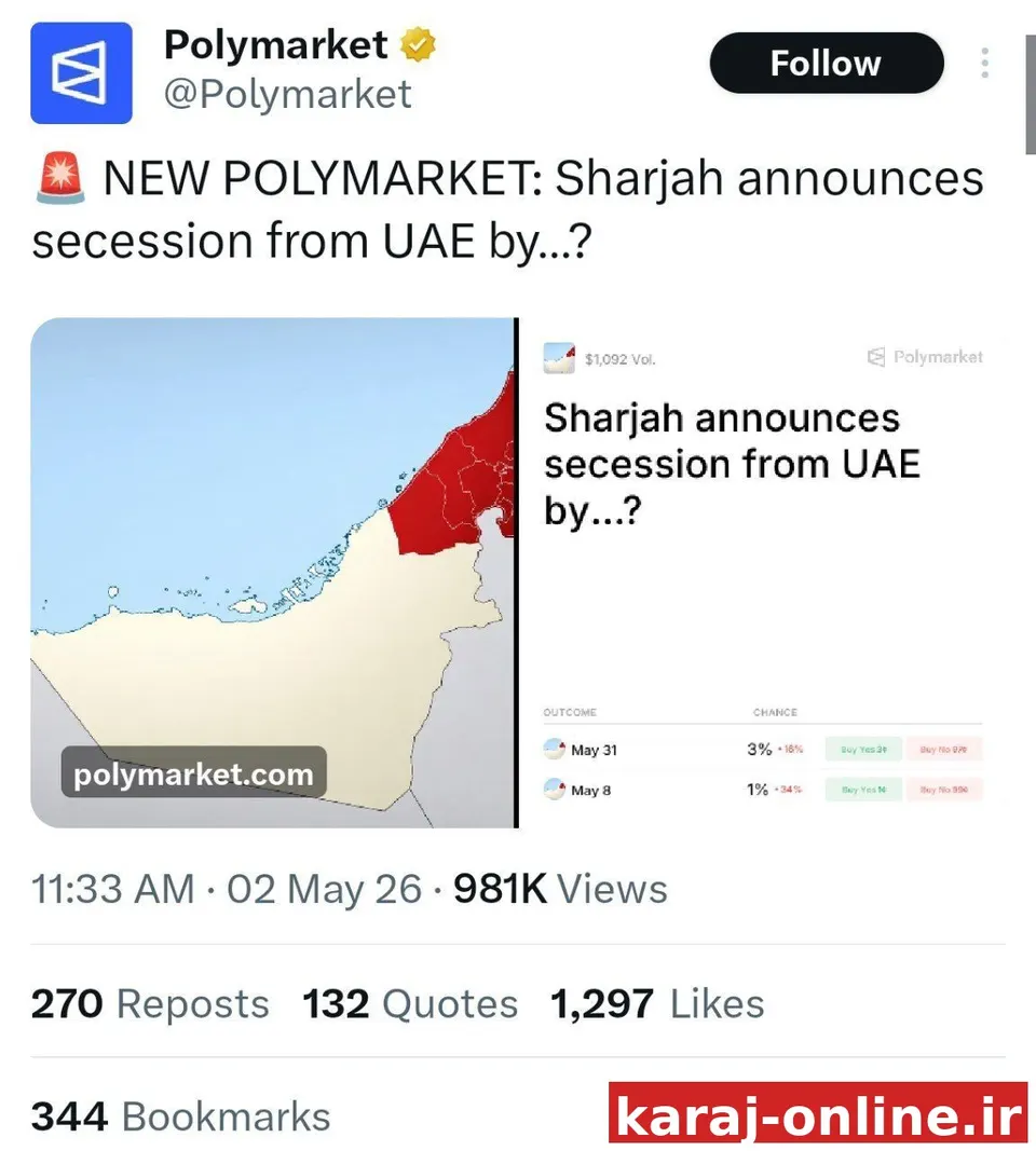 پلی‌مارکت، وبسایت معروف، روی اعلام جدایی شارجه از امارات امکان شرط‌بندی فراهم کرد/انتخاب