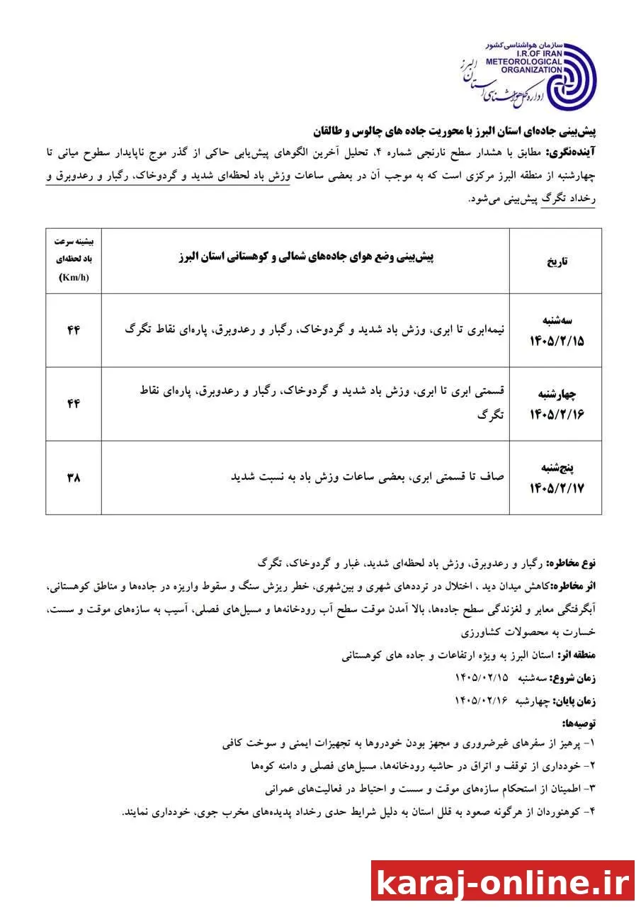 هشدار سطح نارنجی و پیش بینی بارش تندری و تندباد در البرز