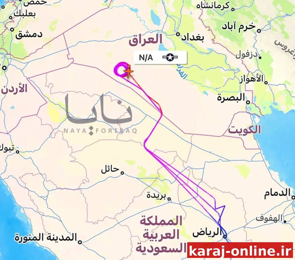 یک هواپیمای Bombardier E-11A نیروی هوایی ایالات متحده پس از برخاستن از پایگاه هوایی الخرج در غرب ریاض، عربستان سعودی، بر فراز حریم هوایی عراق، به ویژه صحرای سماوه، پرواز کرد