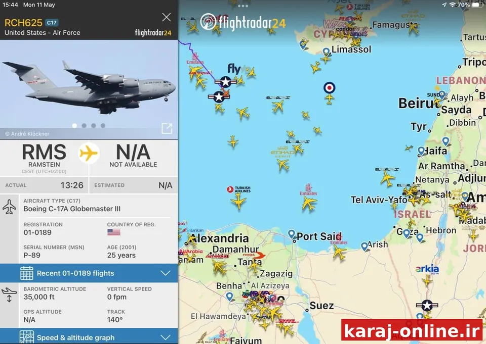 امروز چندین هواپیمای سنگین ترابری Boeing C-17A Globemaster نیروی هوایی آمریکا از پایگاه‌های رامشتاین، تریر و اشپانگدالم به اسرائیل رسیدند