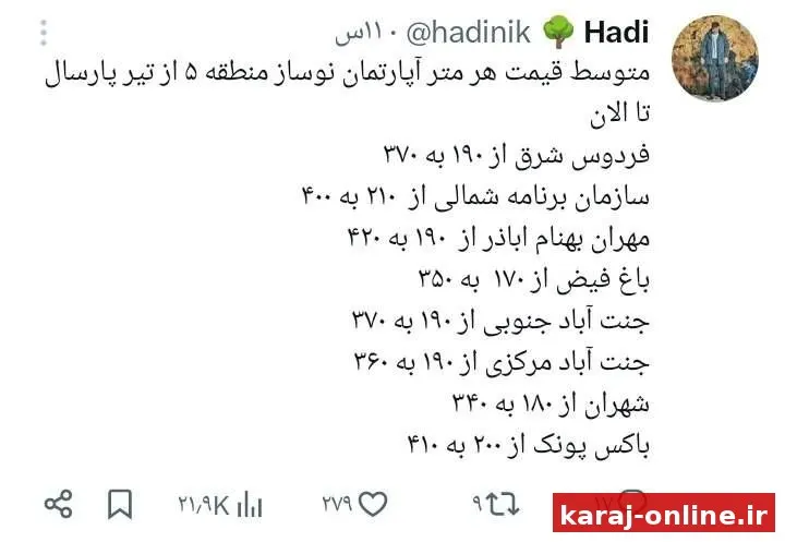 ‼‼ تغییرات متوسط قیمت هر متر آپارتمان نوساز منطقه۵ از تیر پارسال تا الان