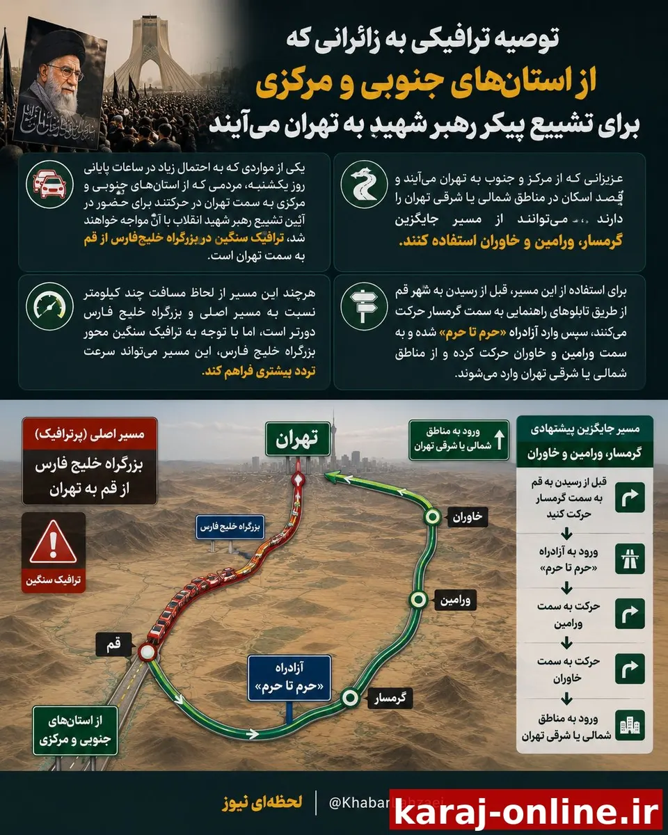 ‼توصیه ترافیکی به زائرانی که از استان‌های جنوبی و مرکزی برای تشییع پیکر رهبر شهید به تهران می‌آیند