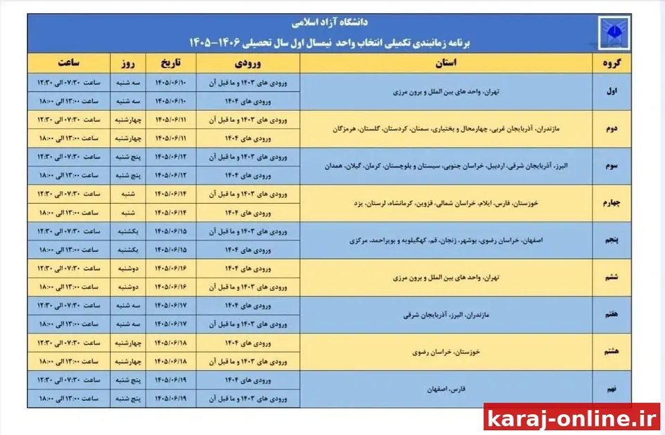 زمان‌بندی تکمیلی انتخاب واحد نیم سال اول سال تحصیلی ۱۴۰۶_۱۴۰۵ دانشگاه آزاد اسلامی اعلام شد