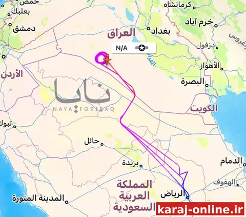 یک هواپیمای Bombardier E-11A نیروی هوایی ایالات متحده پس از برخاستن از پایگاه هوایی الخرج در غرب ریاض، عربستان سعودی، بر فراز حریم هوایی عراق، به ویژه صحرای سماوه، پرواز کرد