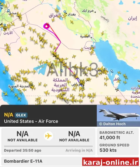 یک هواپیمای آمریکایی E-11 با قابلیت اتصال الکترونیکی از عربستان سعودی به سمت عراق پرواز کرد و هنوز در همان مکان حضور دارد