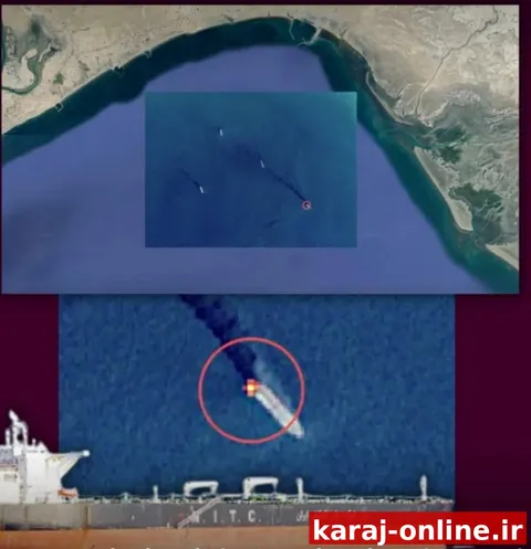 ‼تصاویر ماهواره‌ای منتشر شده از نزدیکی بندر جاسک دریای عمان، نشانگر ادامه آتش‌سوزی و برخاستن ستونی از دود از دو نفتکش مرتبط با ایران است