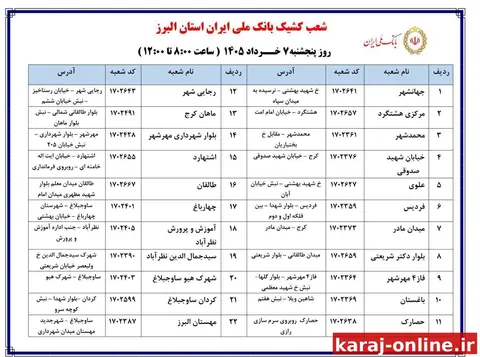 اسامی شعب منتخب بانک ملی ایران استان البرز، در روز پنج‌شنبه ۱۴۰۵/۰۳/۰۷ از ساعت ۸:۰۰ صبح تا ۱۲:۰۰ ظهر