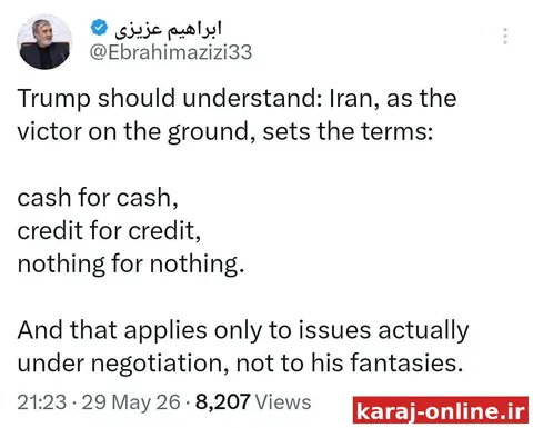 ‼‼ ادعای عزیزی، رئیس کمیسیون امنیت ملی مجلس: ترامپ باید بداند که ایران، به عنوان پیروز و فاتح میدان شرایط را تعیین می‌کند