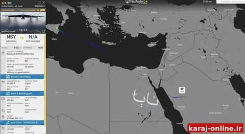 ‼ هم اکنون یک فروند بمب‌افکن B-52 در حال پرواز بر فراز عربستان و حرکت به سمت خلیج فارس/ نایا