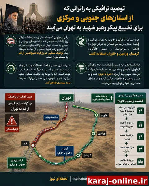 ‼توصیه ترافیکی به زائرانی که از استان‌های جنوبی و مرکزی برای تشییع پیکر رهبر شهید به تهران می‌آیند