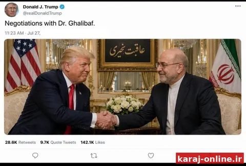 عکسی که از صبح با عنوان «پست ترامپ از دیدار با قالیباف» در رسانه‌ها پخش می‌شود، جعلی است و رئیس‌جمهور جنگ‌طلب آمریکا چنین پستی را منتشر نکرده
