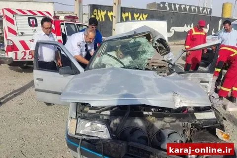 تصادف پژو ۴۰۵ و کامیون در جاده قدیم کرج–هشتگرد